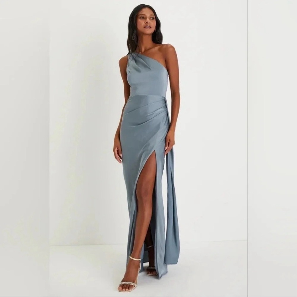 Lulus Signature Elegance NWT size XL Slate Blue Satin One-Shoulder Maxi Dress - Picture 2 of 14